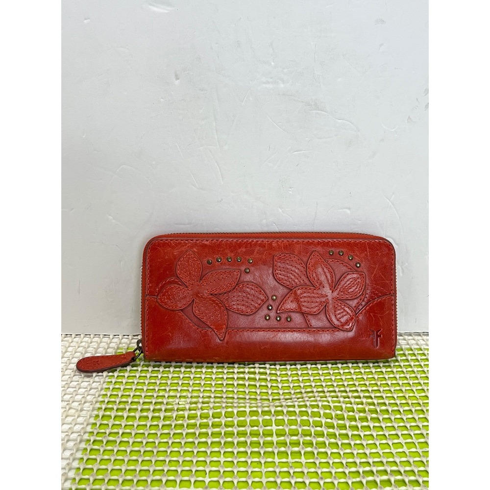 Frye Melissa Red Leather Floral Embossed Studded Zip Around Continental Wallet